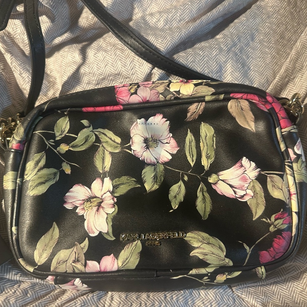 Karl Lagerfeld Black Floral Camera Crossbody Bag NWT